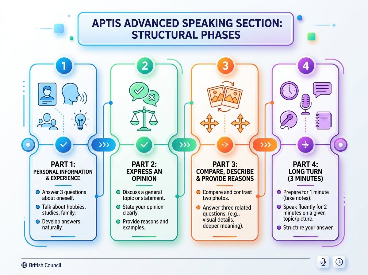 A professional infographic outlining the structural phases of the Aptis Advanced Speaking section.