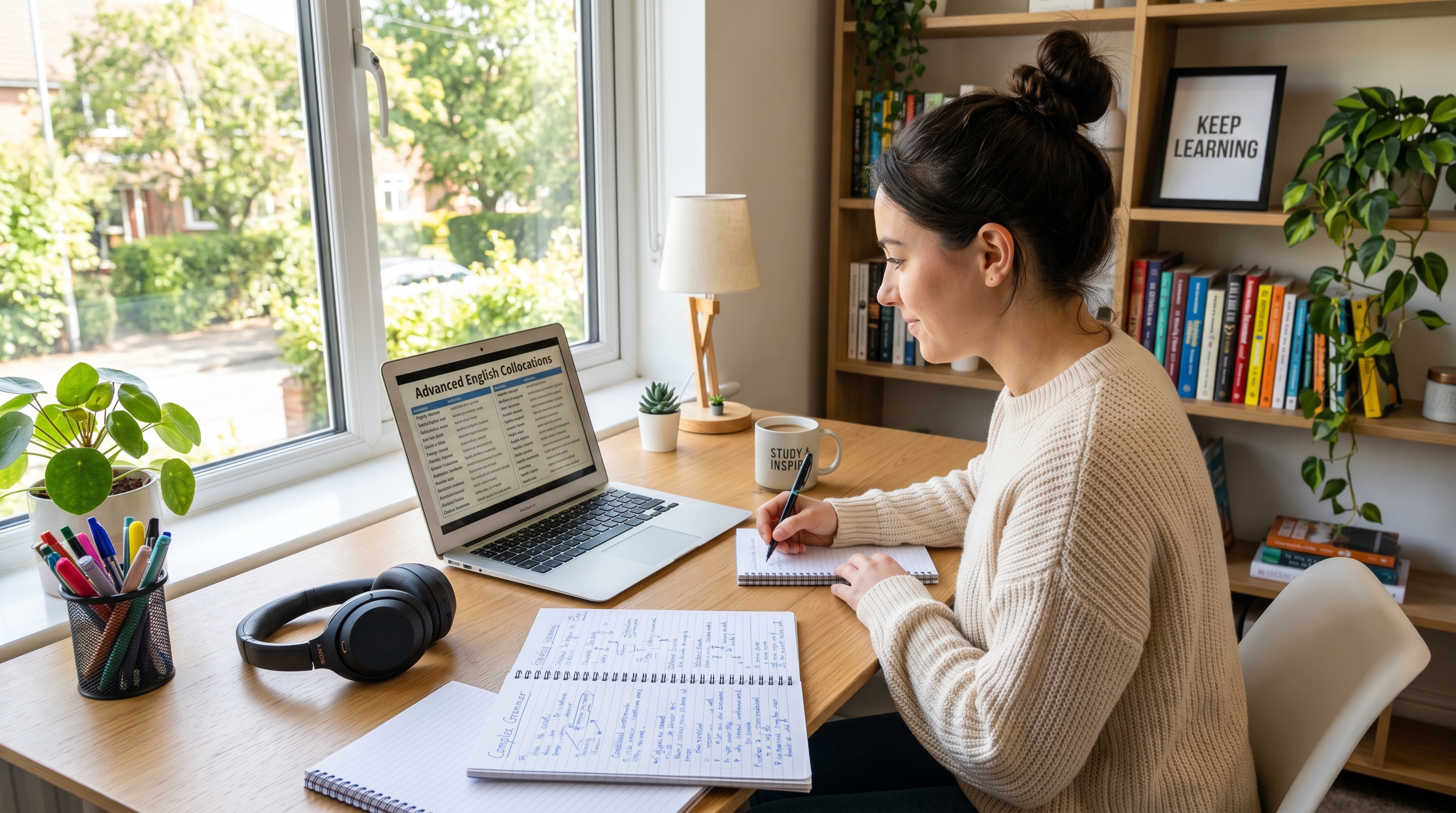 A modern and bright study space with a laptop displaying advanced English collocations, noise-canceling headphones, and notebooks filled with complex grammar structures.